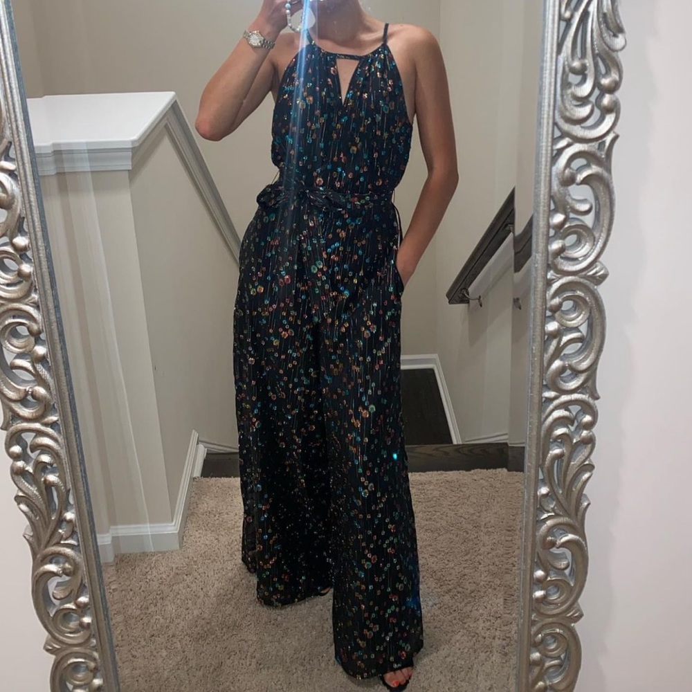 ANTHROPOLOGIE Edita Halter Metallic Clip Dot Jumpsuit, size 0